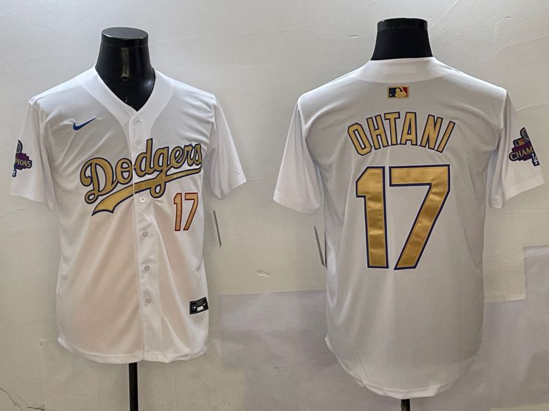 Men Los Angeles Dodgers 17 Ohtani White Champion gold character 2025 Nike MLB Jersey style 1